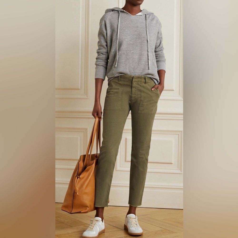 Nili Lotan Jenna Pants Straight Leg Military Green US 4 Twill Raw Hem Utility